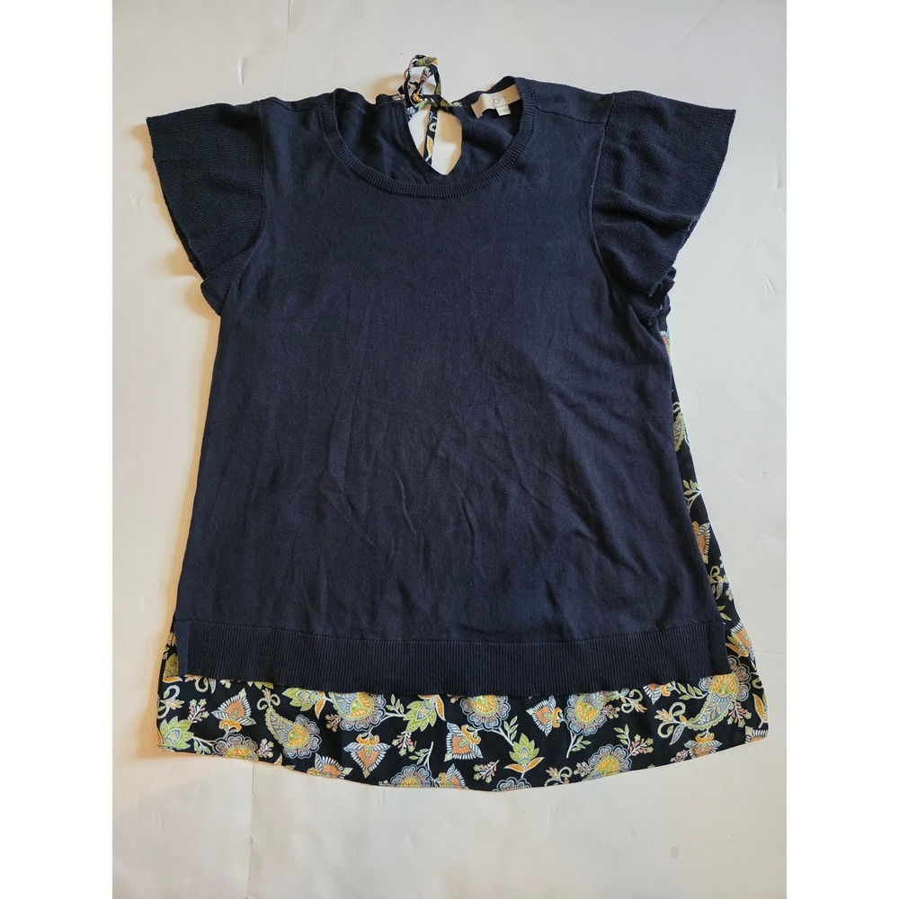 LOFT Mixed Media Sweater Top Navy Blue Flutter Sleeve Paisley Floral Back M